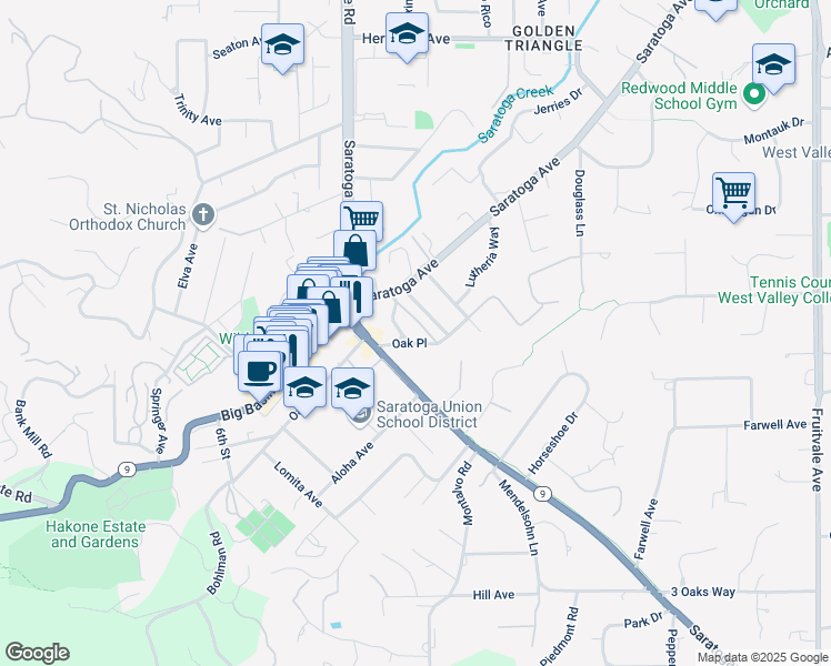 map of restaurants, bars, coffee shops, grocery stores, and more near 20375 Park Place in Saratoga