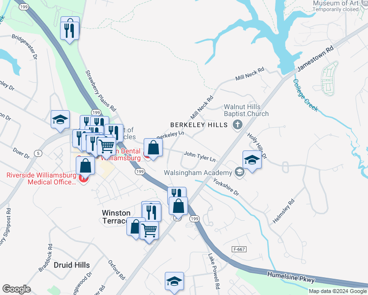 map of restaurants, bars, coffee shops, grocery stores, and more near 111 John Tyler Lane in Williamsburg