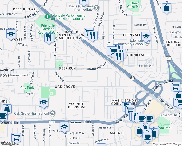 map of restaurants, bars, coffee shops, grocery stores, and more near 5310 Apple Blossom Drive in San Jose