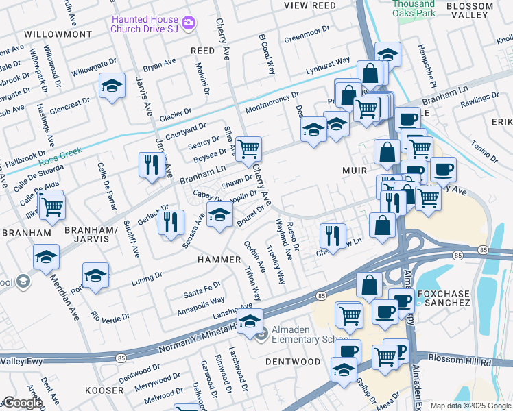 map of restaurants, bars, coffee shops, grocery stores, and more near 1322 Joplin Drive in San Jose