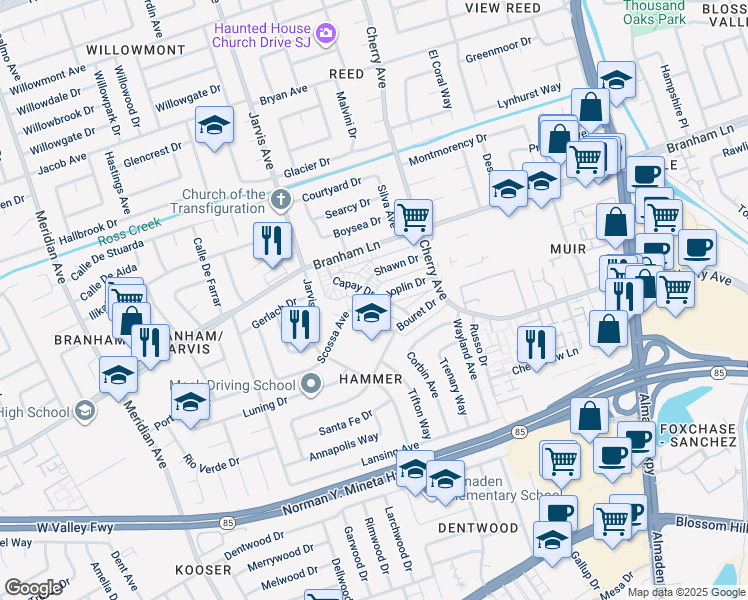 map of restaurants, bars, coffee shops, grocery stores, and more near 1349 Joplin Drive in San Jose