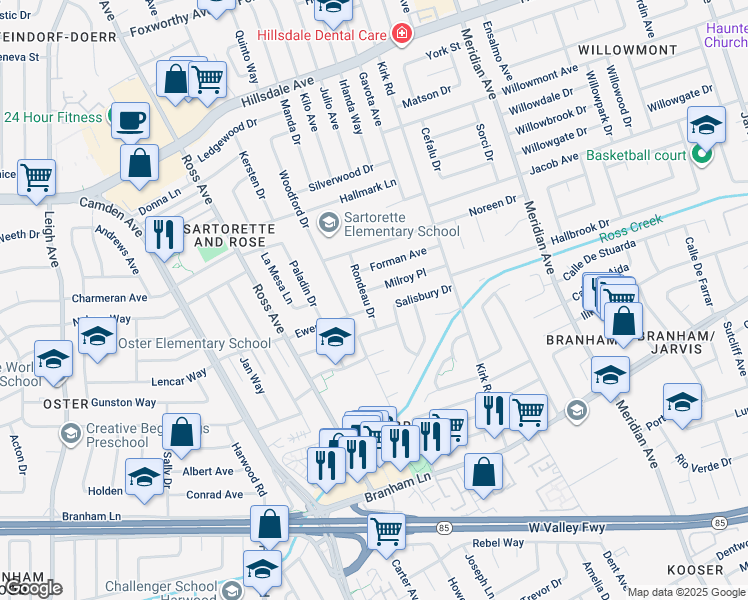 map of restaurants, bars, coffee shops, grocery stores, and more near 1684 Milroy Place in San Jose