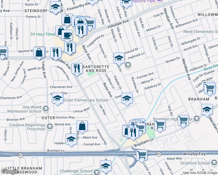 map of restaurants, bars, coffee shops, grocery stores, and more near 3993 La Mesa Lane in San Jose