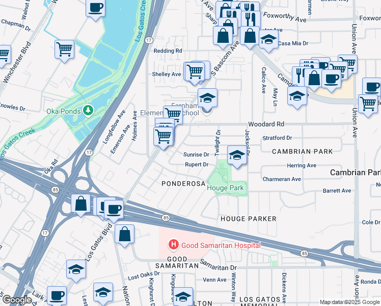 map of restaurants, bars, coffee shops, grocery stores, and more near 2371 Sunrise Drive in San Jose