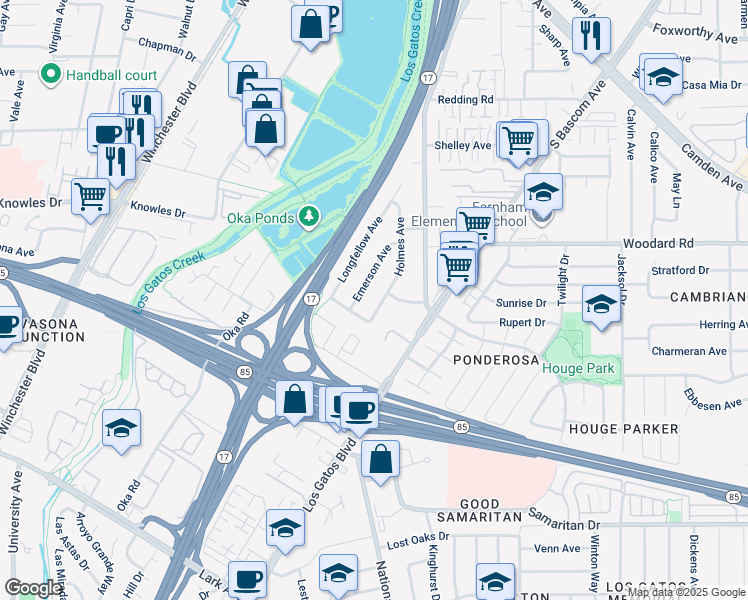 map of restaurants, bars, coffee shops, grocery stores, and more near 1186 Emerson Avenue in Campbell