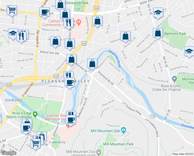 map of restaurants, bars, coffee shops, grocery stores, and more near 417 Riverland Road Southeast in Roanoke