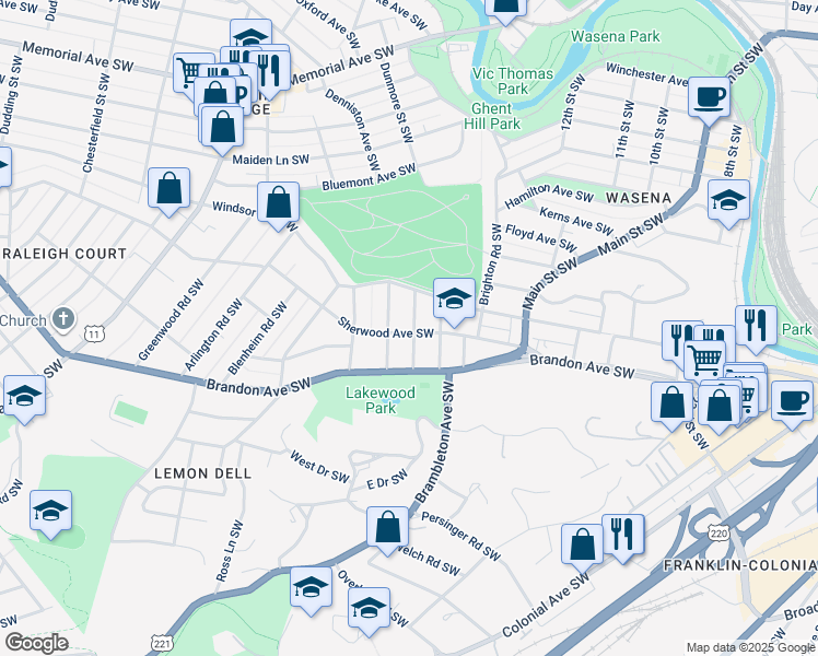 map of restaurants, bars, coffee shops, grocery stores, and more near 1835 Sheffield Road Southwest in Roanoke