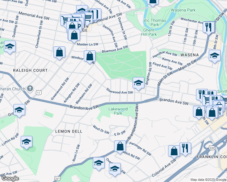 map of restaurants, bars, coffee shops, grocery stores, and more near 1834 Wakefield Road Southwest in Roanoke