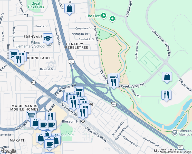 map of restaurants, bars, coffee shops, grocery stores, and more near 5499 Century Park Way in San Jose