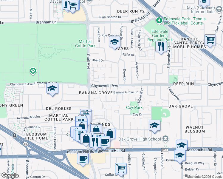 map of restaurants, bars, coffee shops, grocery stores, and more near 5213 Myna Court in San Jose
