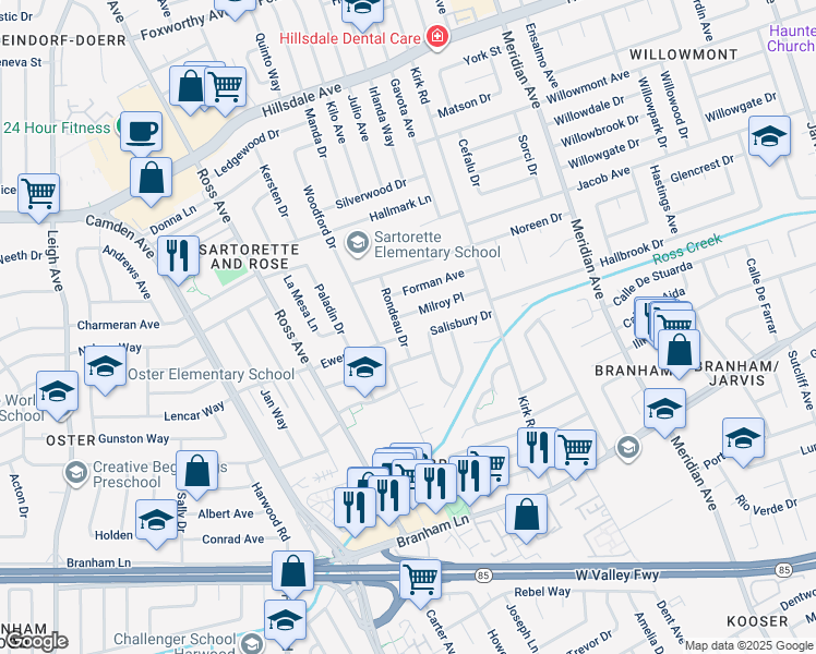 map of restaurants, bars, coffee shops, grocery stores, and more near 1684 Milroy Place in San Jose