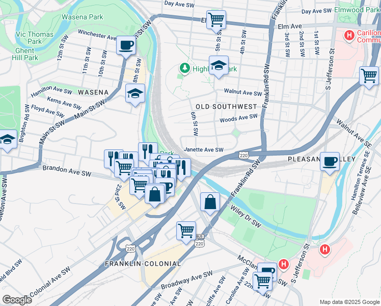 map of restaurants, bars, coffee shops, grocery stores, and more near 610 Janette Avenue Southwest in Roanoke