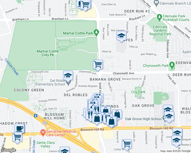 map of restaurants, bars, coffee shops, grocery stores, and more near 312 Chynoweth Avenue in San Jose