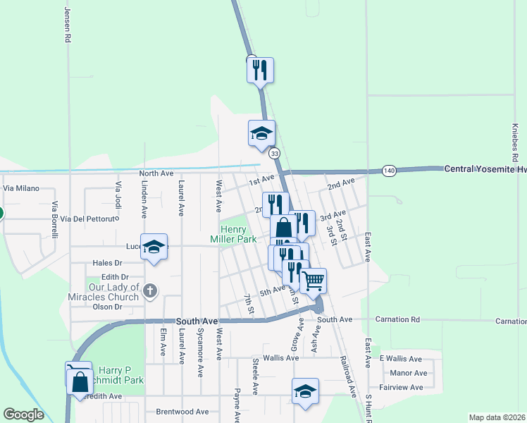 map of restaurants, bars, coffee shops, grocery stores, and more near 208 5th Street in Gustine