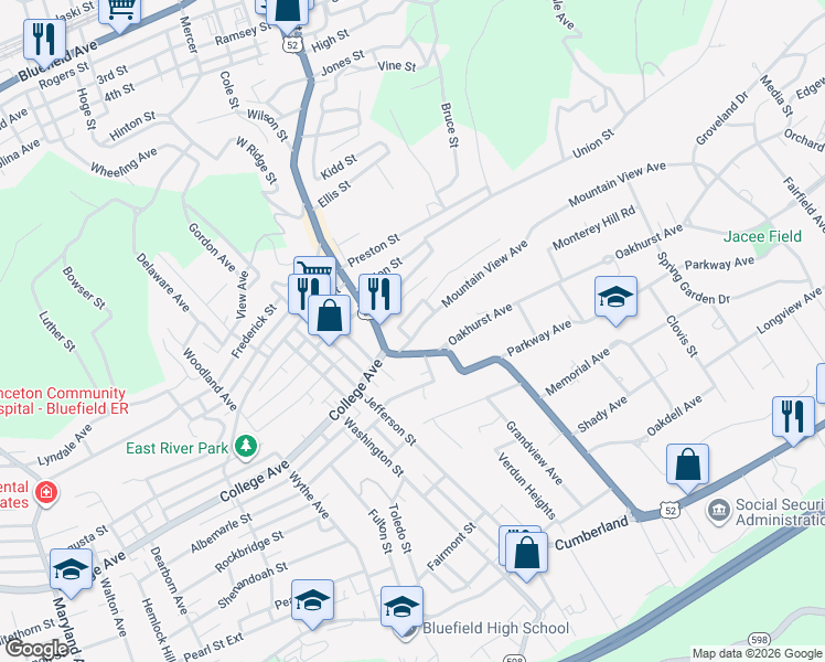 map of restaurants, bars, coffee shops, grocery stores, and more near 109 Mountain View Ave in Bluefield