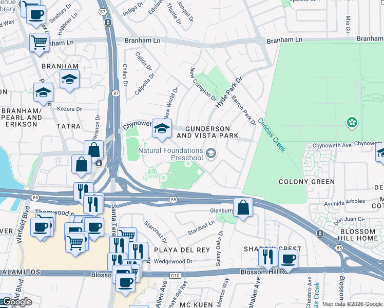 map of restaurants, bars, coffee shops, grocery stores, and more near 605 Gaundabert Lane in San Jose