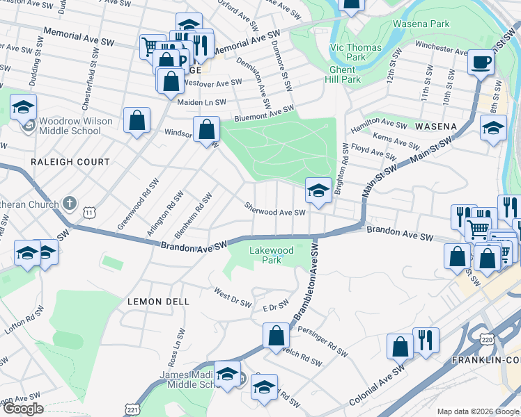 map of restaurants, bars, coffee shops, grocery stores, and more near 1834 Wakefield Road Southwest in Roanoke