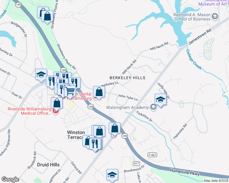 map of restaurants, bars, coffee shops, grocery stores, and more near 410 Mill Neck Road in Williamsburg