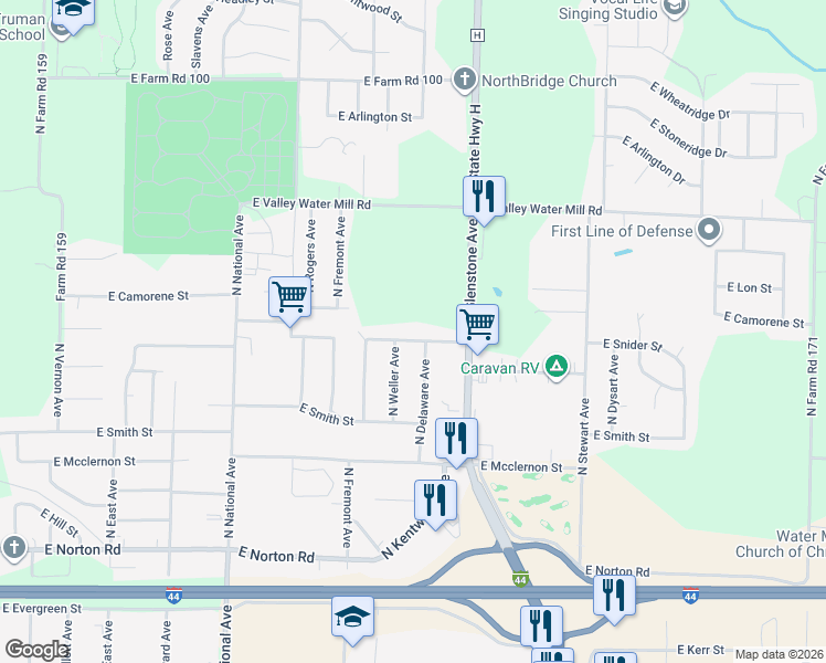 map of restaurants, bars, coffee shops, grocery stores, and more near 1521 East Snider Street in Springfield