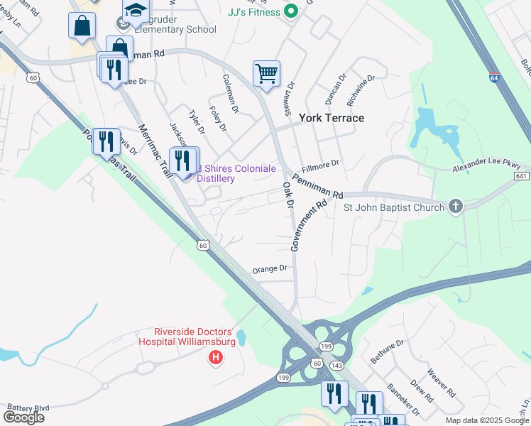map of restaurants, bars, coffee shops, grocery stores, and more near 1304 Moses Lane in Williamsburg