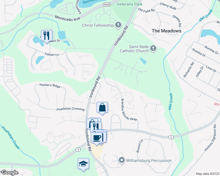 map of restaurants, bars, coffee shops, grocery stores, and more near 3600 Bradinton in Williamsburg