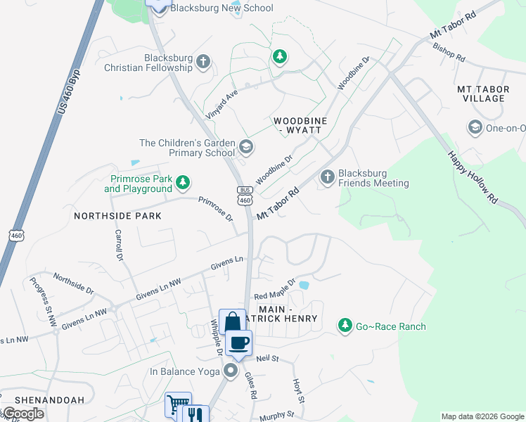 map of restaurants, bars, coffee shops, grocery stores, and more near 2004-2098 North Main Street in Blacksburg
