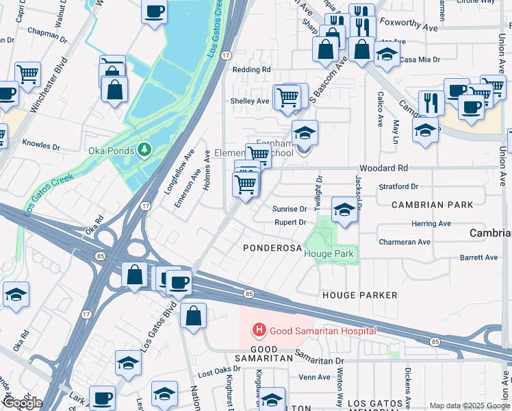 map of restaurants, bars, coffee shops, grocery stores, and more near 3967 Starview Drive in San Jose