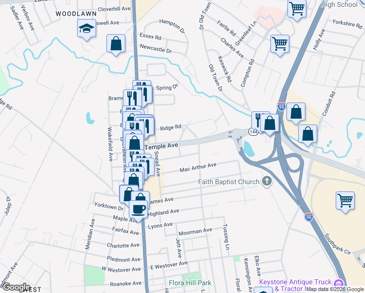 map of restaurants, bars, coffee shops, grocery stores, and more near 303 Temple Avenue in Colonial Heights