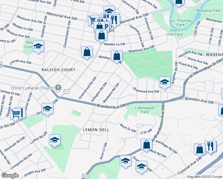 map of restaurants, bars, coffee shops, grocery stores, and more near 1847 Blenheim Road Southwest in Roanoke