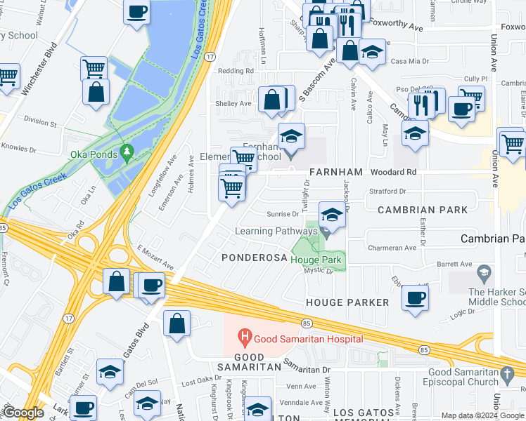 map of restaurants, bars, coffee shops, grocery stores, and more near 2371 Sunrise Drive in San Jose