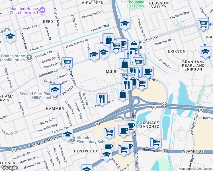 map of restaurants, bars, coffee shops, grocery stores, and more near 4970 Cherry Avenue in San Jose