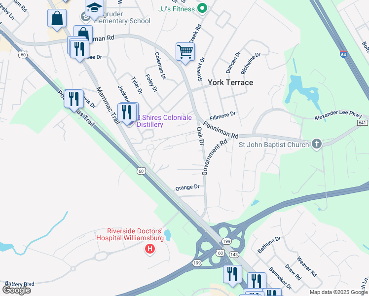 map of restaurants, bars, coffee shops, grocery stores, and more near 1300 Moses Lane in Williamsburg