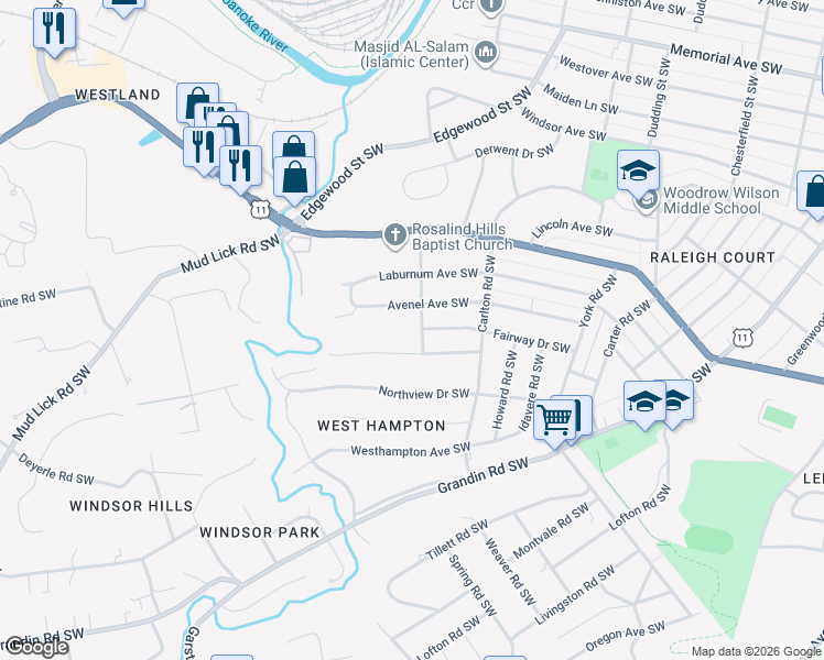 map of restaurants, bars, coffee shops, grocery stores, and more near 2649 Fairway Drive Southwest in Roanoke