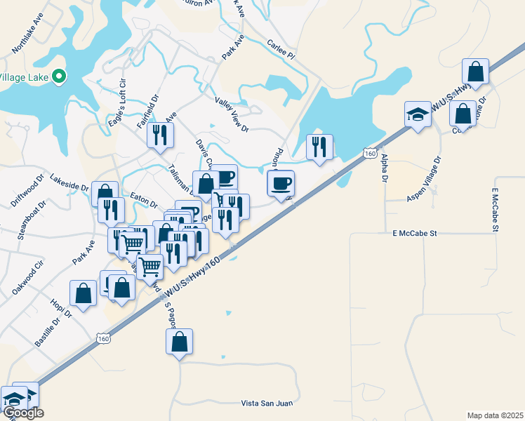map of restaurants, bars, coffee shops, grocery stores, and more near 565 Village Dr in Pagosa Springs