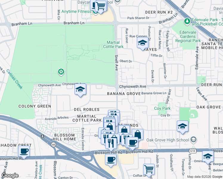 map of restaurants, bars, coffee shops, grocery stores, and more near 312 Chynoweth Avenue in San Jose