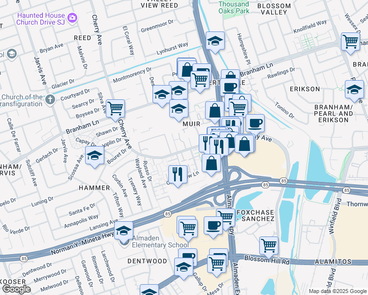 map of restaurants, bars, coffee shops, grocery stores, and more near 4970 Cherry Avenue in San Jose