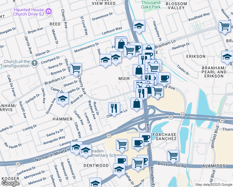map of restaurants, bars, coffee shops, grocery stores, and more near 4970 Cherry Avenue in San Jose