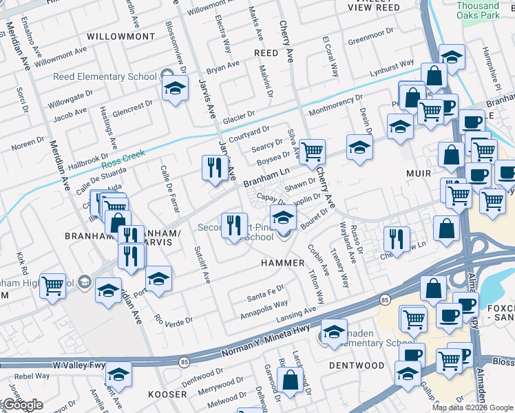map of restaurants, bars, coffee shops, grocery stores, and more near 4699 Capay Drive in San Jose