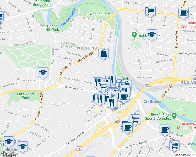 map of restaurants, bars, coffee shops, grocery stores, and more near 726 Suburban Avenue Southwest in Roanoke