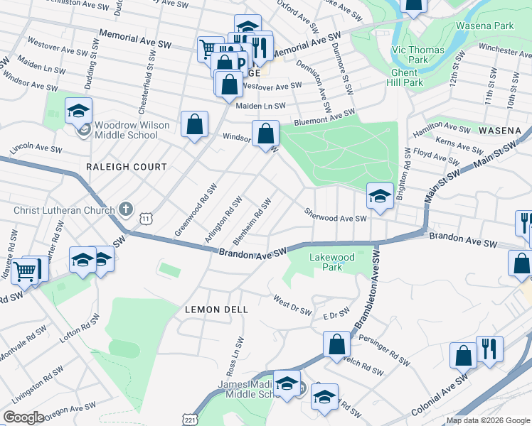 map of restaurants, bars, coffee shops, grocery stores, and more near 1836 Blenheim Road Southwest in Roanoke