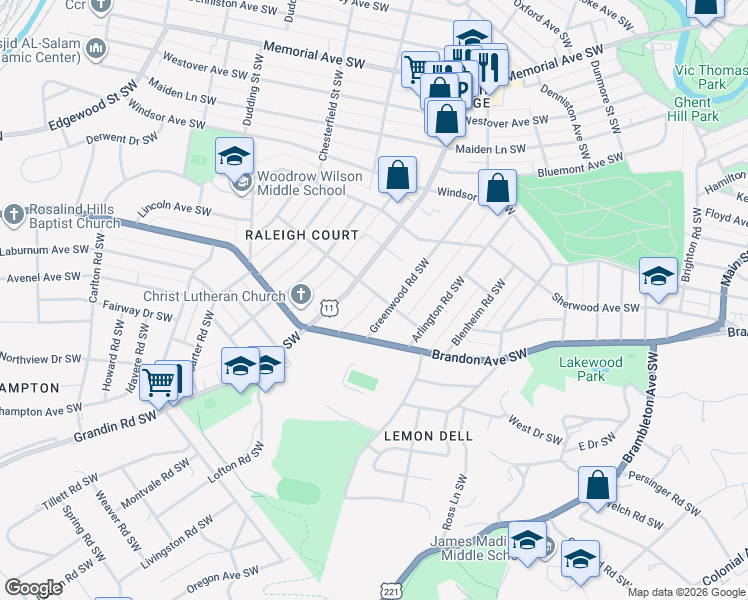 map of restaurants, bars, coffee shops, grocery stores, and more near in Roanoke