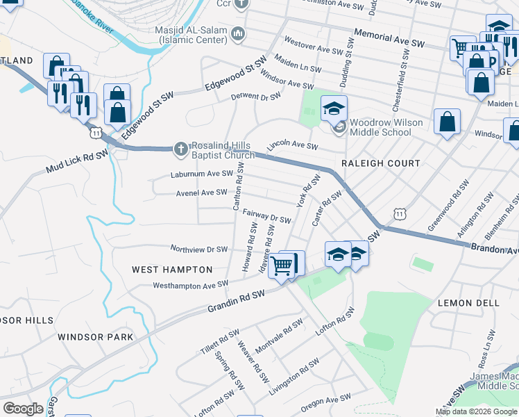 map of restaurants, bars, coffee shops, grocery stores, and more near 2513 Fairway Drive Southwest in Roanoke