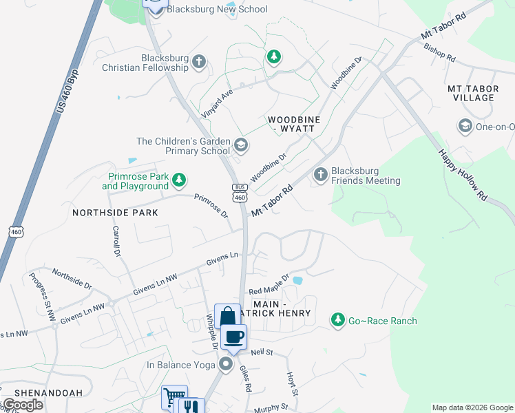 map of restaurants, bars, coffee shops, grocery stores, and more near 2004-2098 North Main Street in Blacksburg