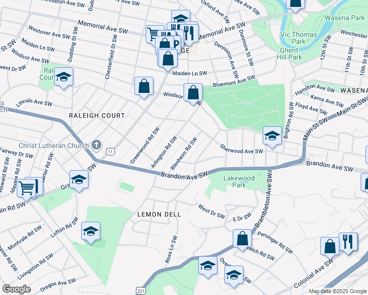 map of restaurants, bars, coffee shops, grocery stores, and more near 1847 Blenheim Road Southwest in Roanoke