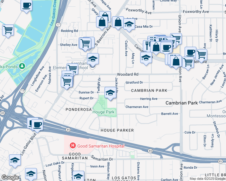 map of restaurants, bars, coffee shops, grocery stores, and more near 2265 Sunrise Drive in San Jose