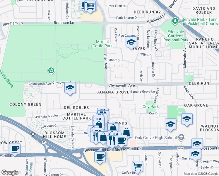 map of restaurants, bars, coffee shops, grocery stores, and more near 294 Macaw Place in San Jose