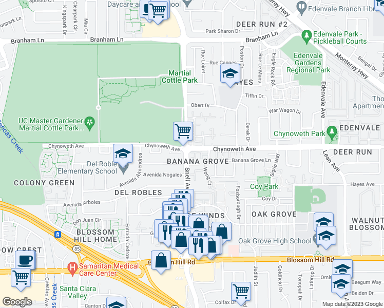 map of restaurants, bars, coffee shops, grocery stores, and more near 294 Macaw Place in San Jose