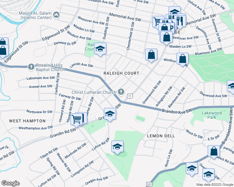 map of restaurants, bars, coffee shops, grocery stores, and more near 1956 Belleville Road Southwest in Roanoke