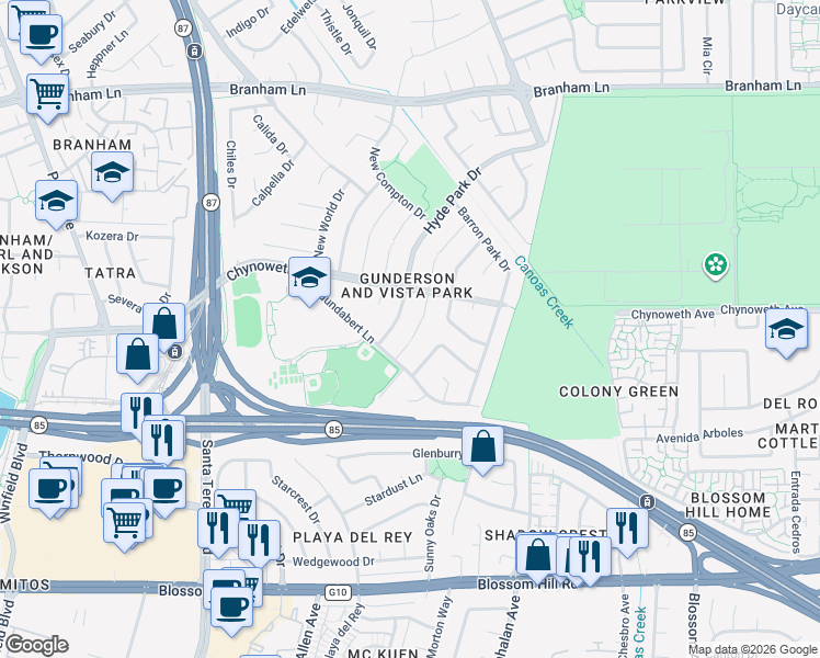 map of restaurants, bars, coffee shops, grocery stores, and more near 5179 Devon Park Court in San Jose