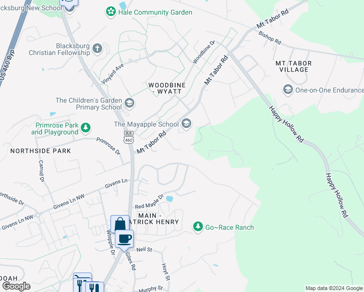 map of restaurants, bars, coffee shops, grocery stores, and more near 1902 Tabor Village Drive in Blacksburg
